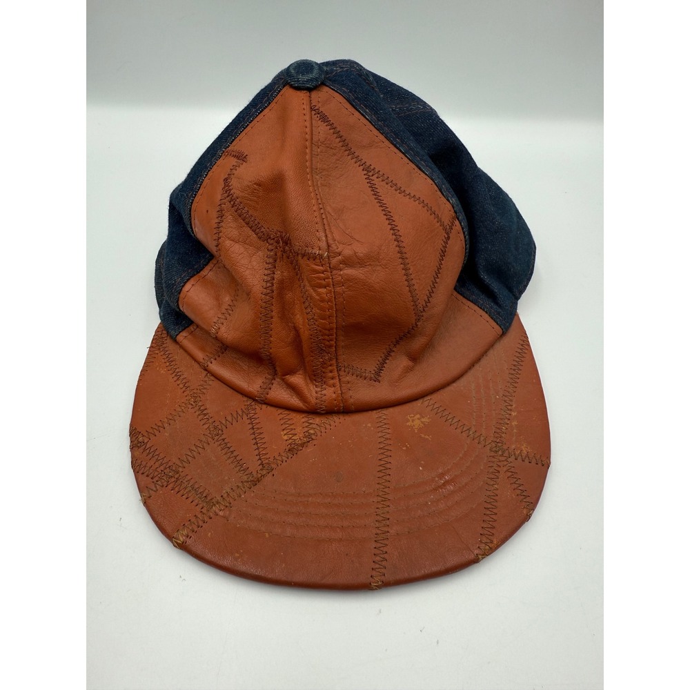 Vintage Dunhill Imperial Quality Leather Patchwork Denim‎ Newsboy Cap Hat Mens M